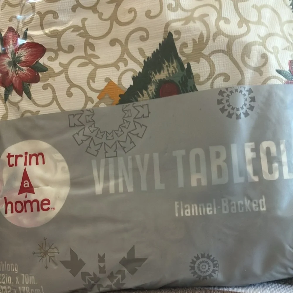 Floral and Christmas Tree Vinyl Tablecloth 52x70 oblong brand new
